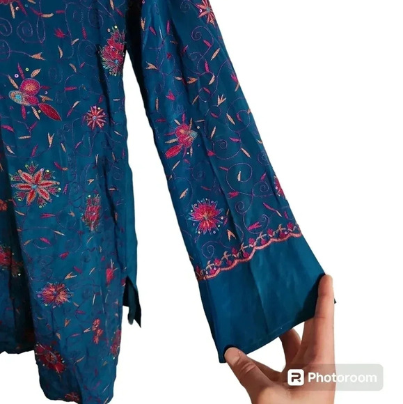 Biba Medium 42 90s Turquoise Floral Beaded Boho Ethnic Kurti Tunic Top Cottage - Picture 3 of 7